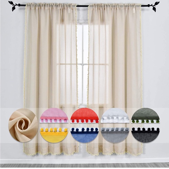 Red Pom Pom Sheer Curtain x Includes 2 Curtains - Picture 1 of 7